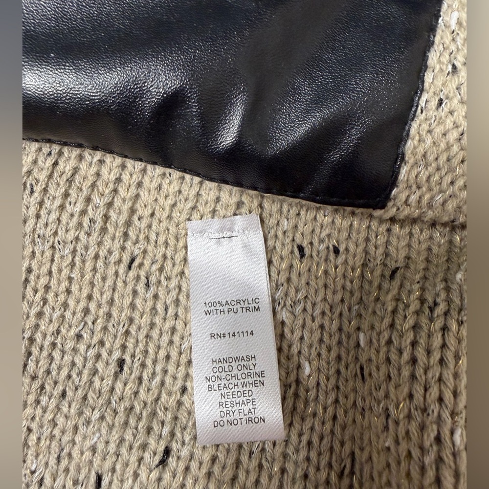 YAIRA Taupe Knit Open-Front Cardigan with Faux Leather Trim (Size L) - Picture 3 of 9